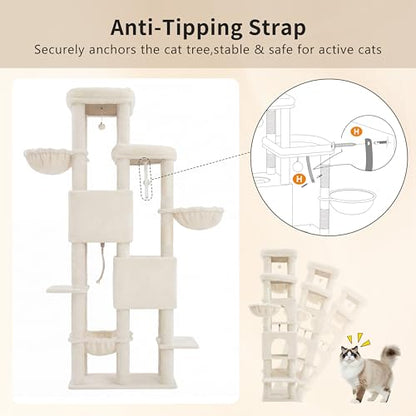 Heybly Cat Tree, 74.8-Inch Spacious & Tall Cat Tower for Large Cats, Cat Furniture with Large Top Perch, Solid Base, 2 Cat Condos, Hanging Hammock, Durable Sisal Scratching Posts, Beige HCT062M - color: Beige