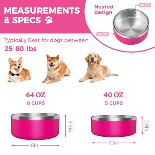 2 Pack Stainless Steel Dog Bowls, Outdoor Dog Water Bowl with Non Slip Rubber Bottom, Dishwasher Safe, Easy to Clean,40oz&64oz Pitaya - color: PITAYA