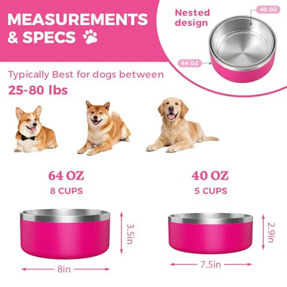 2 Pack Stainless Steel Dog Bowls, Outdoor Dog Water Bowl with Non Slip Rubber Bottom, Dishwasher Safe, Easy to Clean,40oz&64oz Pitaya - color: PITAYA