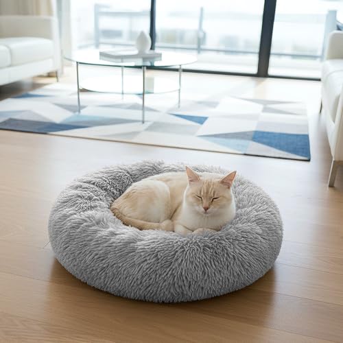 PetAmi Calming Dog Bed for Small & Medium Dogs and Cats, 23 Round Donut Dog Bed, Washable Fluffy Faux Fur Puppy & Cat Bed, Anti-Anxiety Plush Cuddler Pet Bed with Anti-Slip Bottom - Light Gray - color: Light Gray, size: Small - 23"