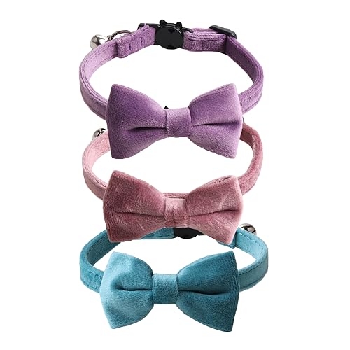 Love Dream Cat Collar Breakaway with Bow Tie and Bells - 3 Pack Velvet Girl Boy Kitty Safety Kitten Collars with Removable Bowtie for Cats Kittens, Blue & Pink & Purple - color: Blue & Pink & Purple
