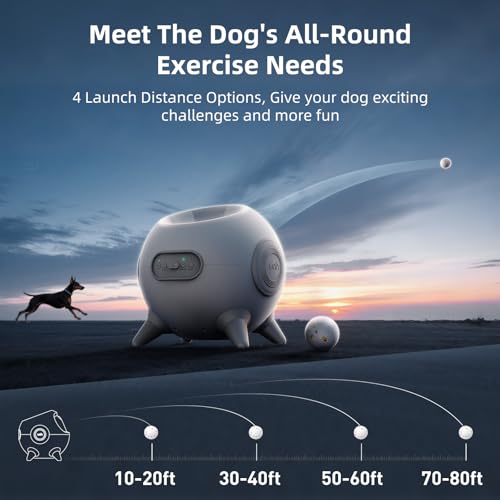 uahpet Automatic Ball Launcher for Dog with Obstacle Detection, 20ft-80ft Adjustable Distances Ball Thrower Launcher for Medium & Large Dogs with 3Balls (2.5 inches)