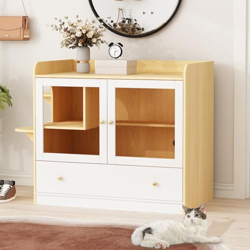 Extra Large Cat Litter Box Enclosure Furniture Hidden, Cat Condo Cabinet Pet House with Stairs for 2, Nightstand Side Table witha Large Drawer for Living Room, Natural - color: Burlywood