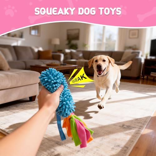 Squeaky Dog Tug Toy, Interactive Tug of War Rope Toys for Small Medium Large Dog, Soft Chenille Chewing Dog Rope Toys for Puppy Training and Play Games - color: Orange