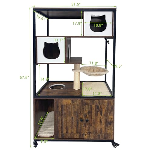 GarveeHome Cat Tree with Litter Box Enclosure 57.5 in H Wooden Cat Tower Cabinet with Wheels Dog Proof Corner Hidden Litter Box with Condo, Hammock and Scratching Post Retro Brown