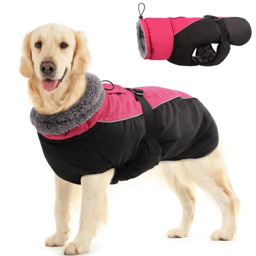 IDOMIK Dog Winter Coat, Reflective Waterproof Dog Jacket for Cold Weather, Warm Pet Coats for Small Medium Large Dogs, High Collar Doggy Fleece Snow Jacket, Winter Vest with Adjustable Buckle,L - color: Rose Red, size: Large