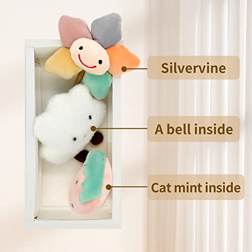 Kitten Chew Toys for Teething with Catnip – 3Pcs Bite Resistant Plush Cat Toys (Strawberry, Cloud Bell, Sunflower Stick) - style: Kitten Chew Toys