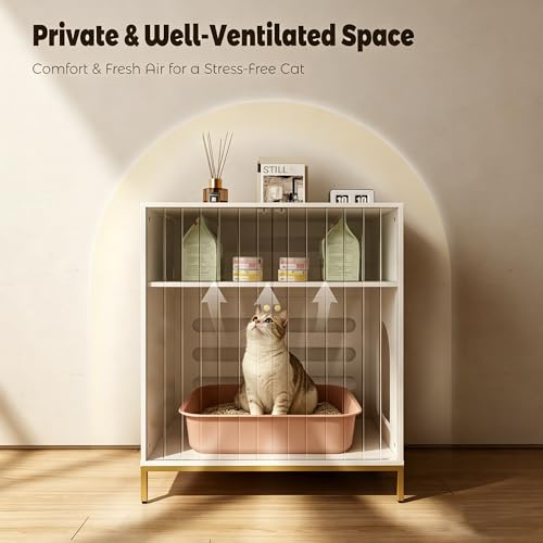 31.5" Tall Hidden Cat Litter Box Furniture with Storage Cabinet, Cat Litter Box Enclosure End Table with Ventilated Back Panel, Modern Cat Washroom Cabinet for Living Room or Bedroom, White