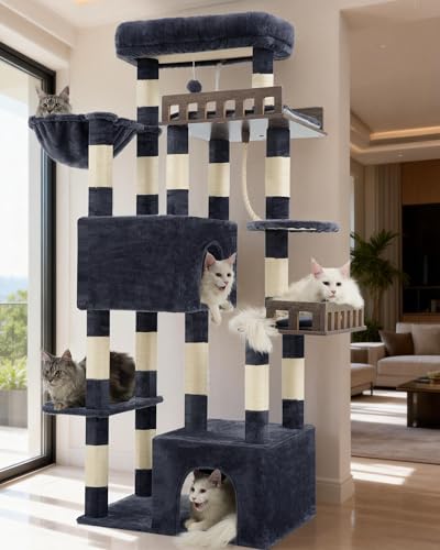 Gitelsnour Maine Coon Cat Tree, Heavy Duty Cat Tree for Indoor Cats Large Adult, Cat Tower for Large Cats 20 lbs+ with Hammock, 2 Big Perches, 2 Cat Condos, 15 Scratching Posts, Smoky Gray GCT033G - color: Dark Gray, size: 68.5 inches