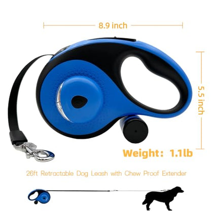 26ft Retractable Dog Leash for Large Dogs with Poop Bag Holder and LED Light,Heavy Duty Retractable Dog Leash with Chew Proof Extender,One-Hand Lock System,Impact-Resistant,Up to 110 lbs (Blue) - color: Blue