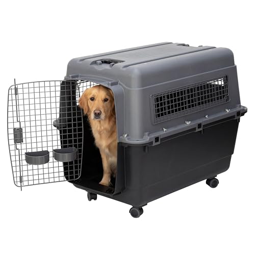 SportPet Airline Compliant X-LARGE 35.5" Travel Dog Kennel-Durable Plastic Airline Pet Carrier w/Removable Wheels & Food Bowls, Collapsible Indoor/Outdoor Dog Kennel, Dogs up to 32"L & 23"H-Dark Gray - color: Dark Gray, size: 35.5"L x 23.8"W x 26.8"H