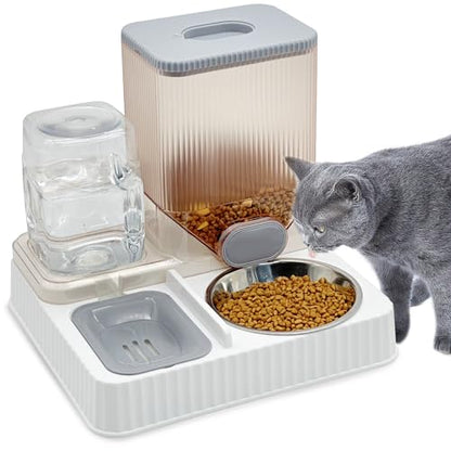 Fhiny Gravity Cat Feeder & Water Dispenser, 2 in 1 Automatic Puppy Waterer Removable Stainless Steel Food Bowls Set Self Feeding Pet Food Storage for Cat Kitten Puppy Easy Clean (Grey) - color: Grey-Metal Bowl