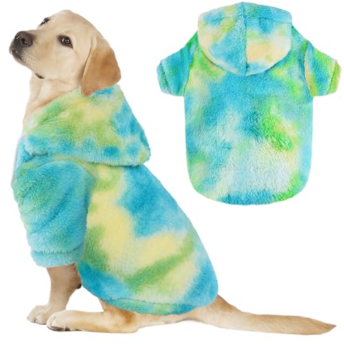 Fuzzy Dog Hoodie Sweater for Large Dogs Warm Winter Dog Clothes with Double-Sided Plush Fleece Soft Stretchy Pet Coats Hooded Sweatshirt for Medium Large Dogs - color: Yellow+Green+Blue, size: L (Back: 20.47",Chest: 28.35",25-35lbs)