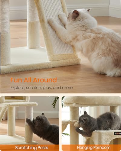 Feandrea Cat Tree, 37.8-Inch Cat Tower, Multi-Level Condo with Widened Perch, Scratching Posts and Ramp, 2-Door Cave, Hammock, Beige UPCT51M - color: Beige