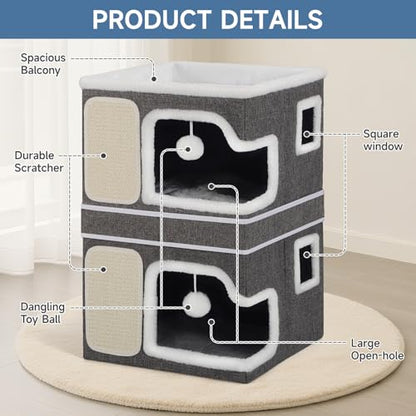 Double Cat Beds for Indoor Cats, 2-Storey Cat House with Large Cozy Hideaways, Dual Purpose Cat Cave Cube with Scratch Pads, Hanging Balls, Foldable Indoor Cat Houses for Multi Cats Kittens Small Pets - size: Double