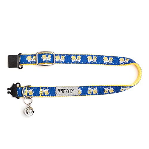 THE WORTHY DOG Patterned Cheers Cat Collar with Bell, Adjustable Nylon Safety Collar, Navy, One Size - color: Navy-Cheers