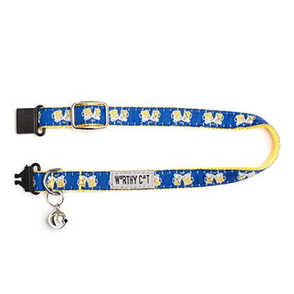 THE WORTHY DOG Patterned Cheers Cat Collar with Bell, Adjustable Nylon Safety Collar, Navy, One Size - color: Navy-Cheers