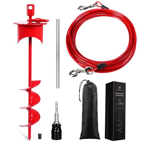 Lock-Cap Dog Tie Out Cable & Stake - 20ft Heavy Duty Dog Cable, 360° Swivel No Tangle Dog Yard Leash & Stake up to 220 lbs - Rust Proof Ground Anchor for Yard, Beach, Camping & Outdoor - color: Red, size: 17IN STAKE+20FT CABLE