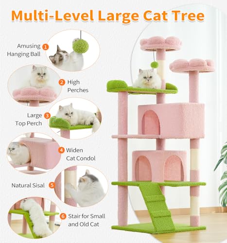Made4Pets Cat Tree Tower 56" Cat Tower for Indoor Cats Kitten Tree Multi-Level Cat Tree with 2 Condo Furniture Activity Center with Scratching Posts Funny Toys (Pink Flower Green) - color: Pink Flower Green