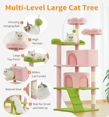 Made4Pets Cat Tree Tower 56" Cat Tower for Indoor Cats Kitten Tree Multi-Level Cat Tree with 2 Condo Furniture Activity Center with Scratching Posts Funny Toys (Pink Flower Green) - color: Pink Flower Green