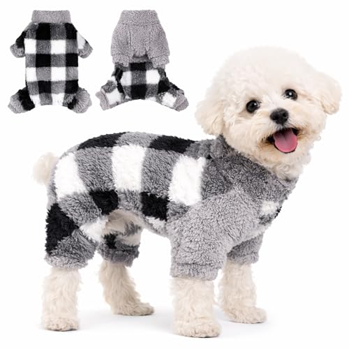 Turtleneck Dog Pajamas for Small Dogs Girl Boy, Warm Soft Stretchy 4 Legged Puppy Onesies, Fleece Winter for Chihuahua Yorkie Teacup Dogs (Gray and Black Plaid,XXS) - color: Gray, size: XX-Small (Chest 11in)