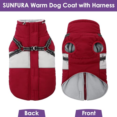 Small Dog Coat with Harness Built in, Warm Dog Jacket Winter with Zipper On Back, Waterproof Pet Snow Jacket Snowsuit Pet Sweater Clothes for Puppy, Burgundy XS - color: Burgundy, size: X-Small