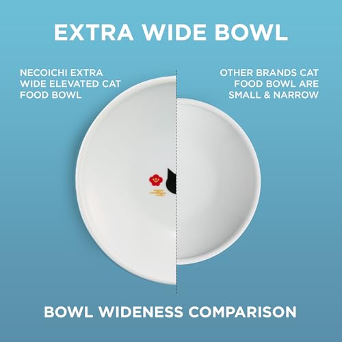 Necoichi Elevated Cat Food Bowl, Ceramic (Porcelain), Whisker-Friendly, Dishwasher & Microwave Safe, Non-Slip Silicone Base, Anti-Vomiting & Neck Fatigue (Fuji, Extra Wide, 2-Cups Capacity). - color: Fuji, size: Large Extra Wide Flat (2 Cups)