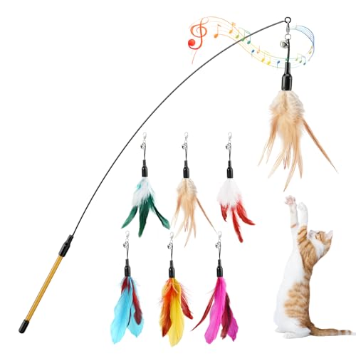 Pawaboo Feather Teaser Cat Toy, Interactive Wands Cats Toy Flying Feathers Cat Catcher with Extra Long 34.5" Wand and Small Bell, Playing Toys, 1 Wand + 6 Feathers, Multi-Color Feather Blend - color: Z-Multi-Color Feather Blend-6 Pack