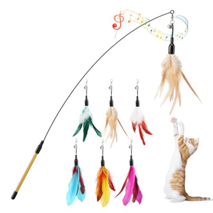 Pawaboo Feather Teaser Cat Toy, Interactive Wands Cats Toy Flying Feathers Cat Catcher with Extra Long 34.5" Wand and Small Bell, Playing Toys, 1 Wand + 6 Feathers, Multi-Color Feather Blend - color: Z-Multi-Color Feather Blend-6 Pack