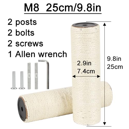 2.9in 7.4cm Diameter Cat Tree Scratching Post Replacement Pole Parts Sisal (M8, 9.8in/25cm) - color: 25cm/9.8in*2poles, size: M8