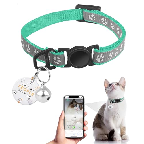 Cat Collar Breakaway with QR Code Name Tag, Reflective Kitten Collars with Bell, Cat ID Tag Personalized, Ultra-Durable, Adjustable, Quick Release, Fits Most Girl Boy Small Large Cats (8''-13.3'') - color: Mint Green