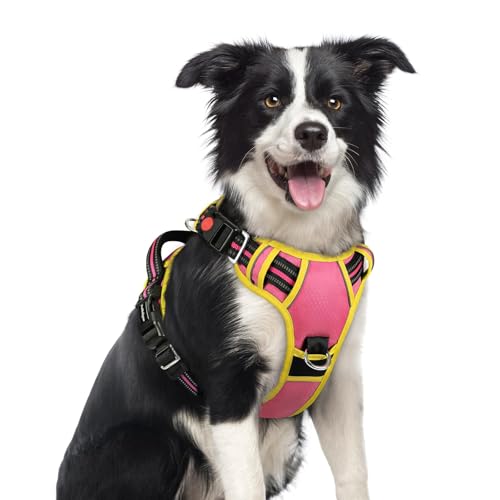 rabbitgoo Dog Harness Medium Sized, No Pull Dog Vest with 3 Buckles, Adjustable Soft Padded Pet Harness with Easy Control Handle and Reflective Strips, Pink & Yellow, M - color: Pink & Yellow, size: Medium