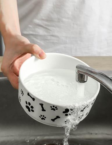 UBEE Ceramic Dog Bowl Set of 2, 6.5 inch Dog Food Bowl Dish with Bone Paw Pattern, Pet Food Water Dish Feeding for Small and Meidum Dogs and Large Cat, White - color: White-dog paw, size: 6.5 inch x 2