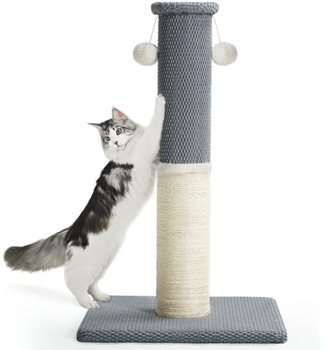 Made4Pets Tall Cat Scratching Post, Heavy Duty and Thicker Scratching Posts for Indoor Cats Adults, 33" Natural Sisal Cat Scratcher with Hanging Balls, Sturdy Base Cat Scratch Post, Light Grey - color: Light Grey, size: 33"H