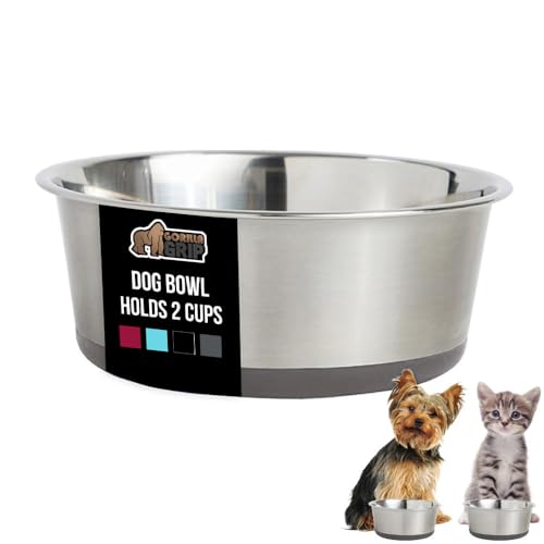 GORILLA GRIP Dog Bowl, Holds 2 Cups (16 fl oz), Food Grade 304 Stainless Steel Food and Water Bowl for Feeding Dogs and Cats, BPA Free Rubber Base, Easy Clean, Dishwasher Safe, Rust Resistant, Gray - color: Gray, size: 2 Cup (16 Oz)