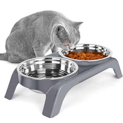 Elevated Cat Bowls, Anti Vomiting Raised Cat Food Bowl with 2 Stainless Steel Bowls, Prevent Neck Pain Cat Bowl Set, ABS Anti Slip Stand Cat Bowls for Indoor Cats & Puppies (Grey) - color: Grey