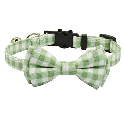 Bowtie Cat Collars Breakaway with Bell, Adjustable Cute Kitty Collars Safety Buckle Kitten Collar for Cat Puppy 7.5-11in (Green Plaid) - color: Green Plaid