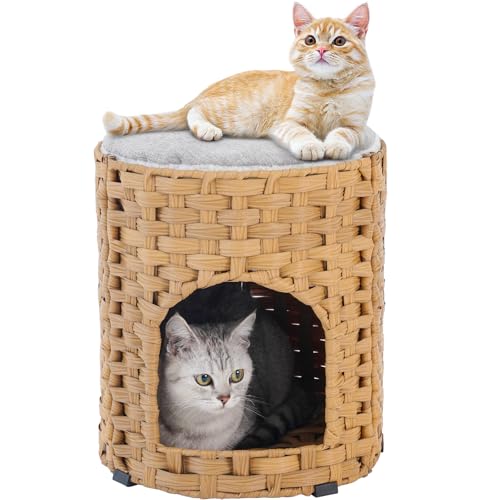 SETVSON Cat House for Indoor Cat, Small Cat Houses Handwoven PE Rattan Kitten Cave, Pet Kitten Bed Covered, One Bed Pad, 13 x 13 x 13.7 Inches, Foldable Hideaway in Living Room Gray - color: Natural, size: Round-S