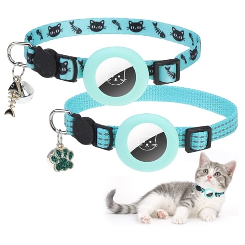 PUPTECK Airtag Cat Collar Breakaway 2 Pack with Bells, Reflective Kitten Collar with Air Tag Holder for Boy Girl Kitty and Puppies, Soft, Lake Green - color: Lake Green