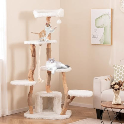Tangkula Solid Wood Cat Tree, Modern Wooden Cat Tower with Jute Scratching Posts, Perch, Condo, Sisal Rope, Dangling Ball, Soft Long Plush, 66 Inch Tall Cat Tree Tower for Indoor Cats Large Adult - style: Round Condo