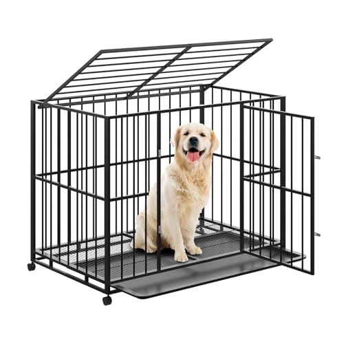 42 Inch Dog Crate for Medium Sized Dogs, Heavy Duty Stainless Steel Dog Kennel Indoor Escape Proof with Wheels and Removable Tray, Indestructible Dog Cage Stackable for Medium Small High Anxiety Dogs - size: 42 inch