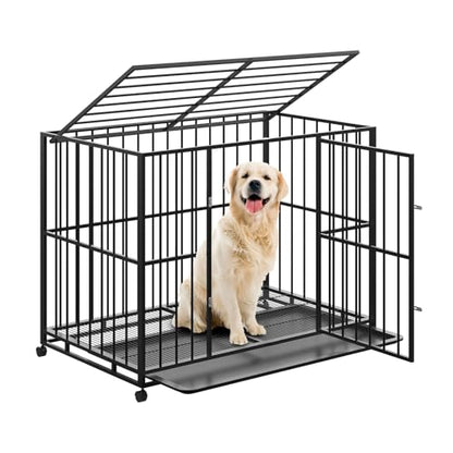 42 Inch Dog Crate for Medium Sized Dogs, Heavy Duty Stainless Steel Dog Kennel Indoor Escape Proof with Wheels and Removable Tray, Indestructible Dog Cage Stackable for Medium Small High Anxiety Dogs - size: 42 inch
