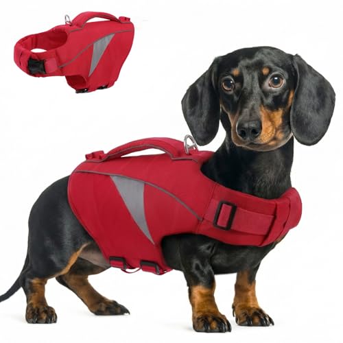 Queenmore XS Dog Life Jacket,Reflective Puppy Life Vest for Swimming & Boating, Lightweight Dog LifeJacket High Flotation, Adjustable Dogs Lifesavers Swimsuits for Small Medium Large Dogs (Red, XS) - color: Red, size: X-Small