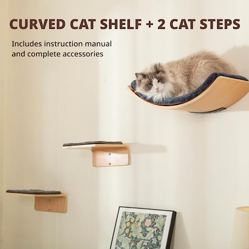 LIORCE Cat Wall Shelf with Two Steps - Curved Cat Shelves and Perches for Wall (Large Size) - Wall Mounted Cats Furniture for Sleeping, Playing, Climbing, and Lounging