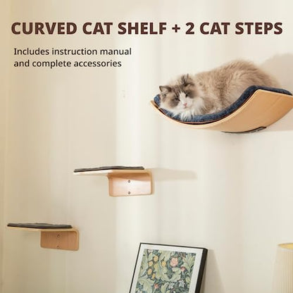 LIORCE Cat Wall Shelf with Two Steps - Curved Cat Shelves and Perches for Wall (Large Size) - Wall Mounted Cats Furniture for Sleeping, Playing, Climbing, and Lounging