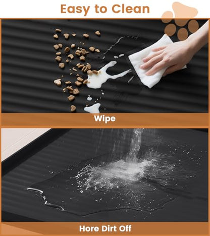 Dog Food Mat 36"x24", Waterproof Pet Feeding Mat with Diversion Grooves and Raised Edges, Large Non-Slip Dog Bowl Mat for Food and Water, Cat Food Mat for Floors, Easy to Clean, Black - color: Black