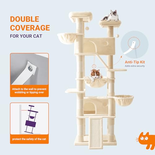 Allewie 81 Inches Tall Cat Tree/Multi-Level Large Climbing Tree House and Towers for Big Feline/Condo and Hammock/Scratching Post/Wide Base/Beige - color: Beige