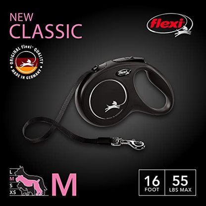 FLEXI New Classic Tape Retractable Dog Leash for Medium Dogs Upto 55 lbs. – 16 ft., Black | Tangle Free Pet Walking Leash with One-Handed Brake, Pause, Lock|German Quality Product - color: Black, size: Medium - 16 Feet (Tape)