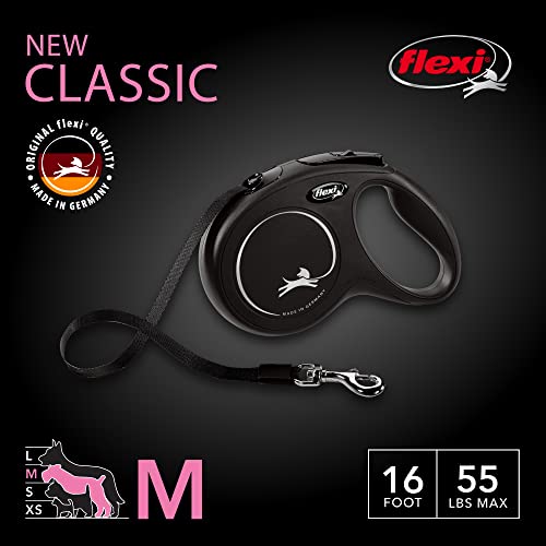 FLEXI New Classic Tape Retractable Dog Leash for Medium Dogs Upto 55 lbs. – 16 ft., Black | Tangle Free Pet Walking Leash with One-Handed Brake, Pause, Lock|German Quality Product - color: Black, size: Medium - 16 Feet (Tape)