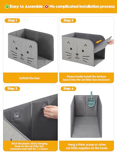 Waterproof Cat Litter Box Enclosure Splash Guard with Removable Mat, Cat Box Enclosure with 2 Hooks for Scoop, Anti-Leakage, Dust Control, Easy to Clean-24.02 x 16.14 x 16.14 inches - color: Grey